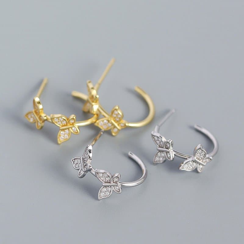 Girl Two Flying CZ Butterflies 925 Sterling Silver Stud Earrings