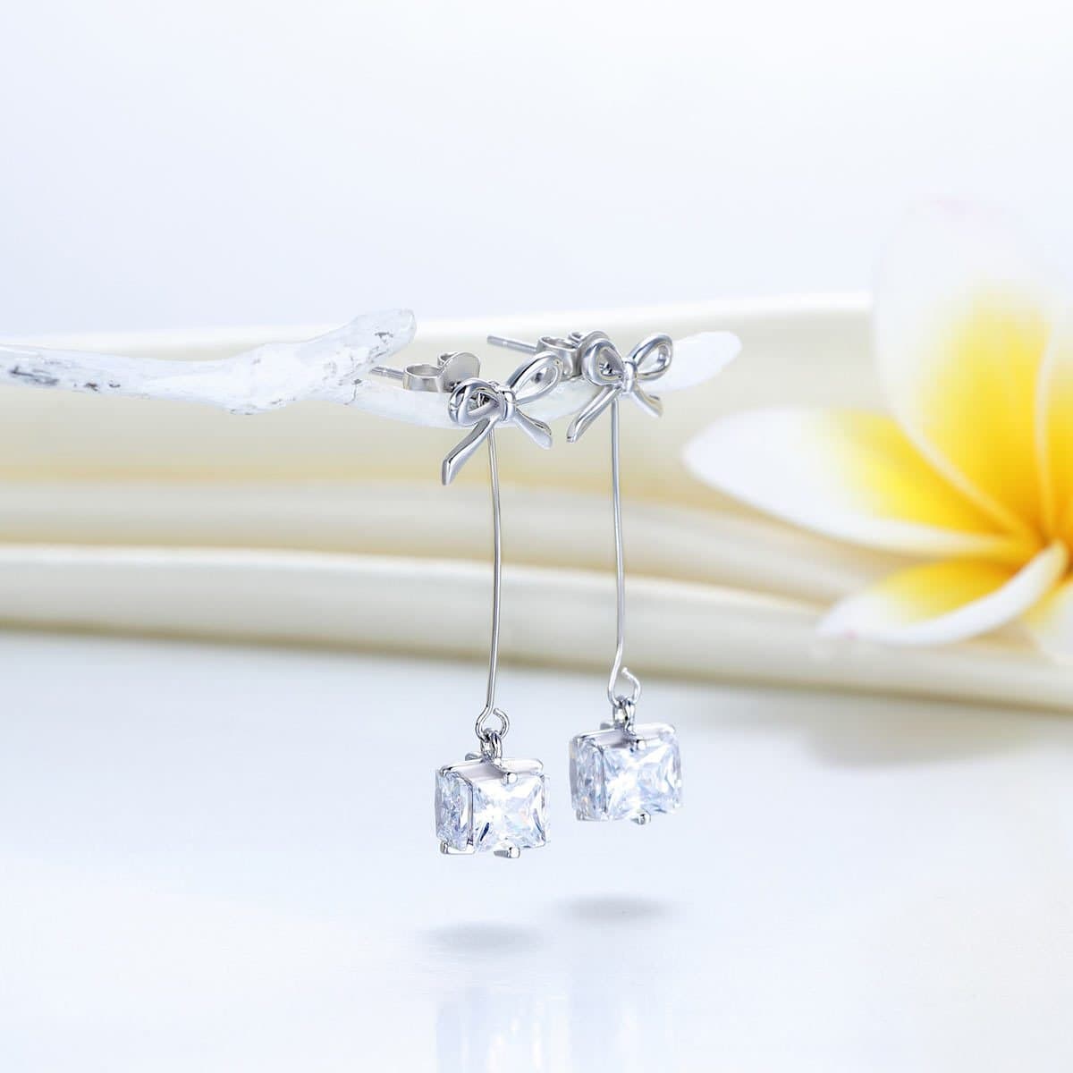Silver Bowknot Earrings Dangle Drop