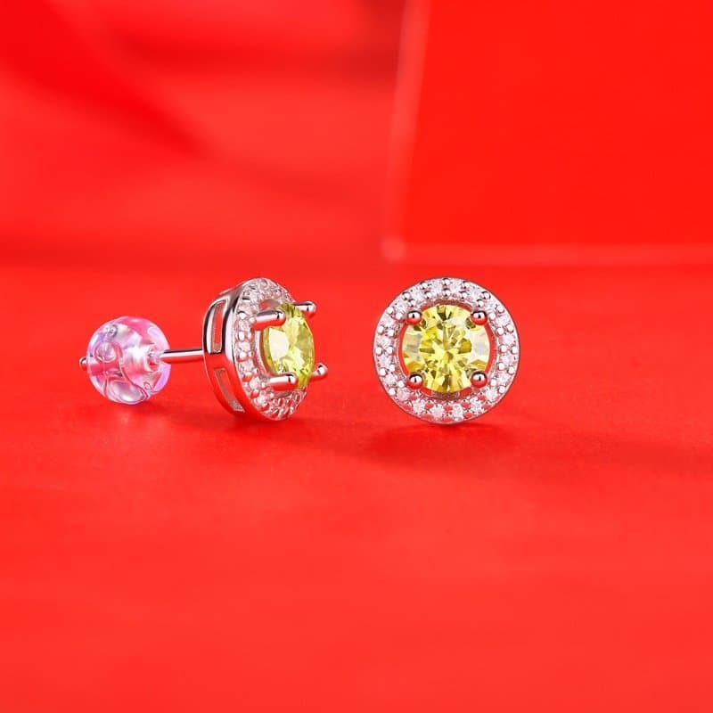 Round Yellow Moissanite CZ 925 Sterling Silver Stud Earrings