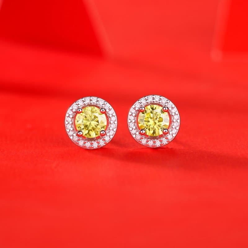 Round Yellow Moissanite CZ 925 Sterling Silver Stud Earrings
