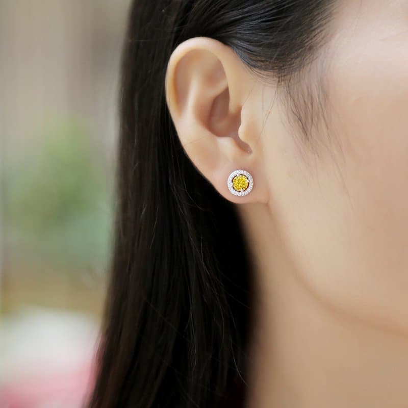 Round Yellow Moissanite CZ 925 Sterling Silver Stud Earrings