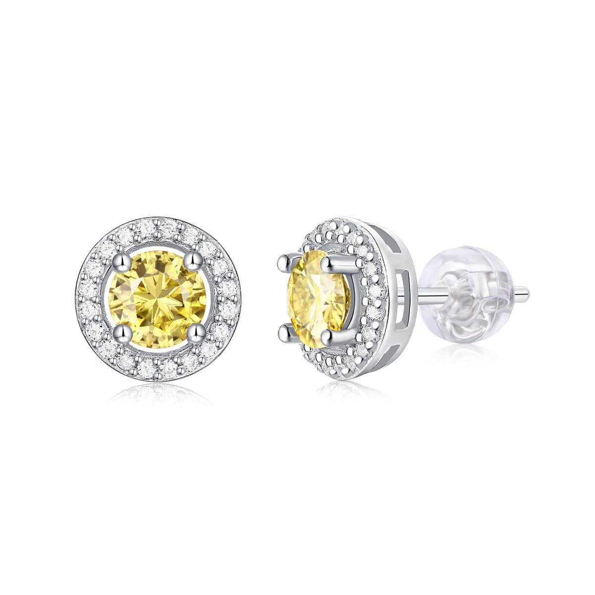 Round Yellow Moissanite CZ 925 Sterling Silver Stud Earrings