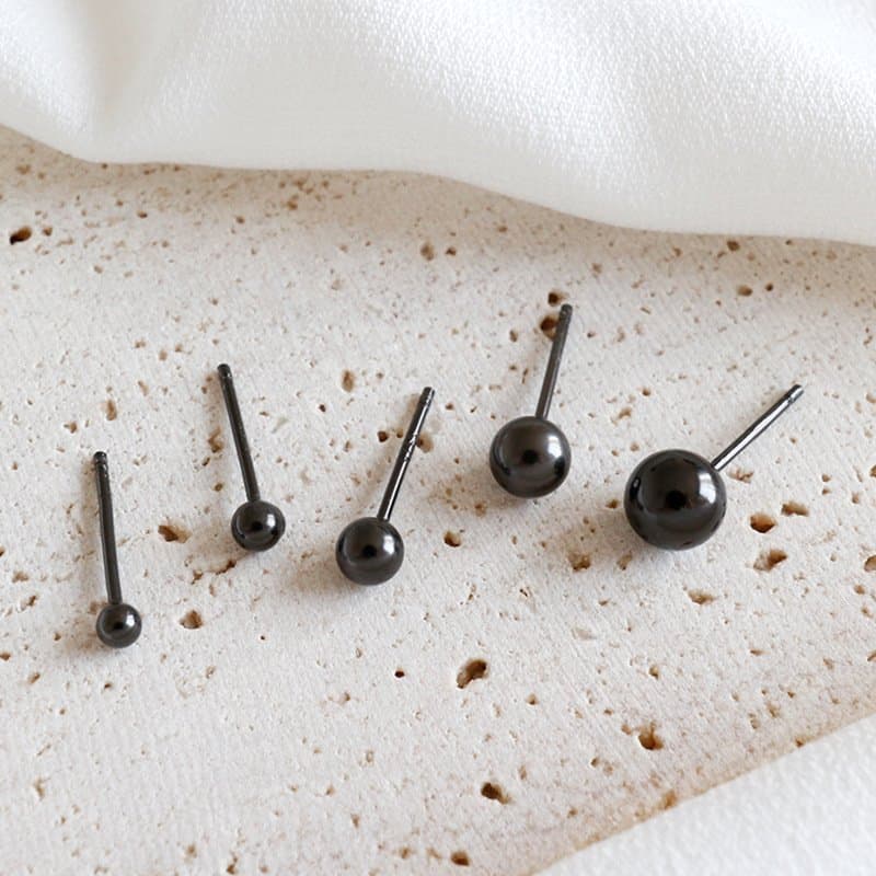 Black Round Bean 925 Sterling Silver Stud Earrings