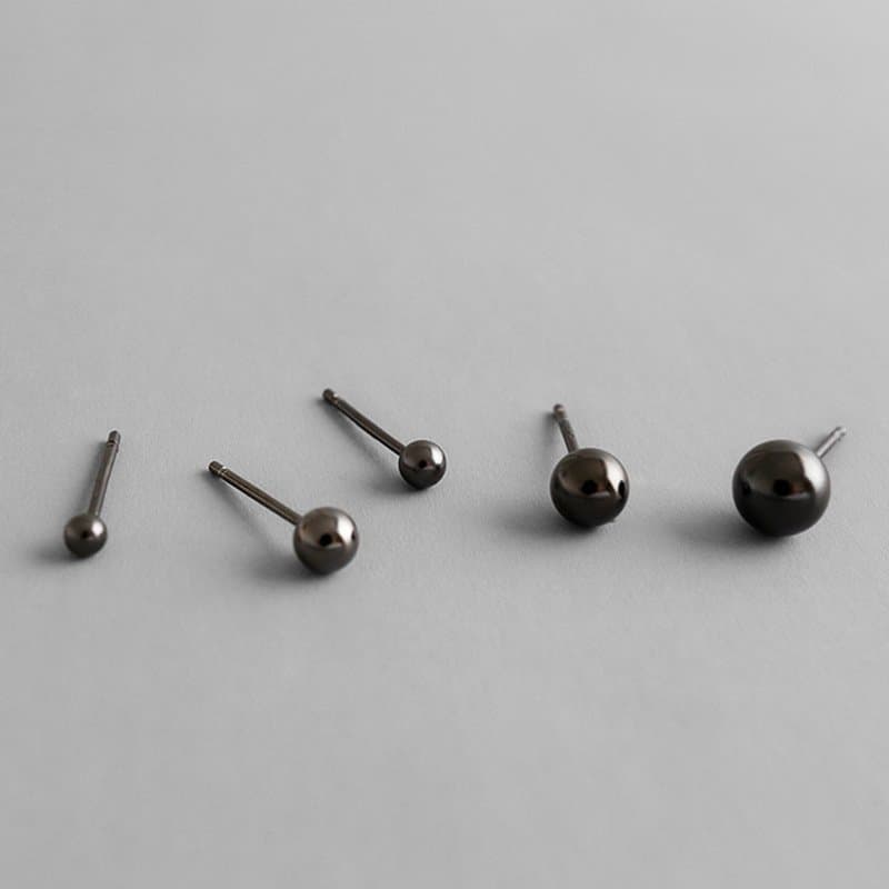 Black Round Bean 925 Sterling Silver Stud Earrings