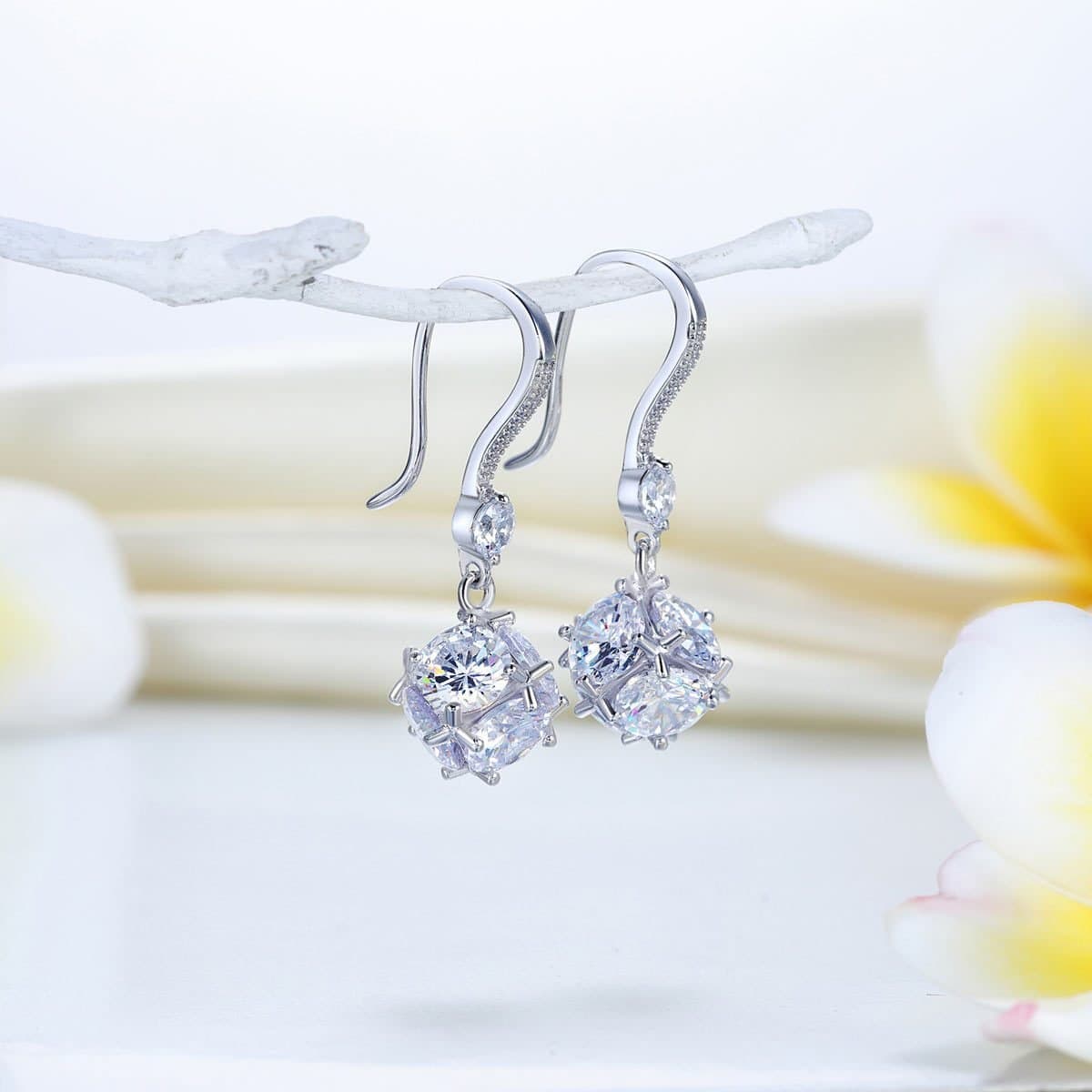 Sterling Silver Earrings Cube Created Diamond