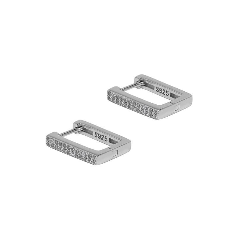 Geometric Hollow CZ Rectangle 925 Sterling Silver Hoop Earrings