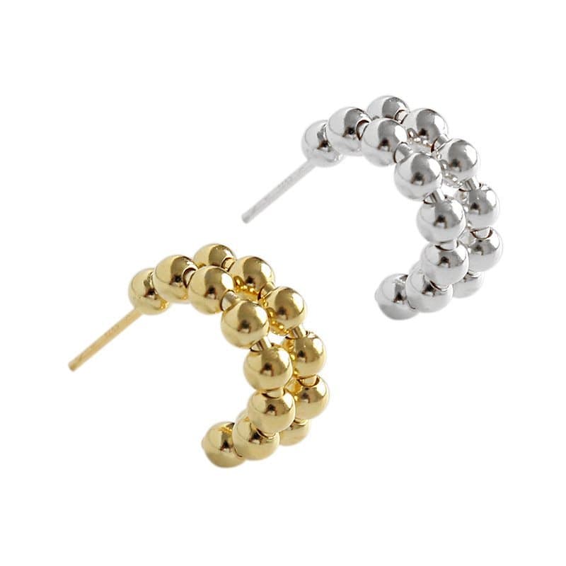 Bubbles Beads C Shape 925 Sterling Silver Hoop Earrings