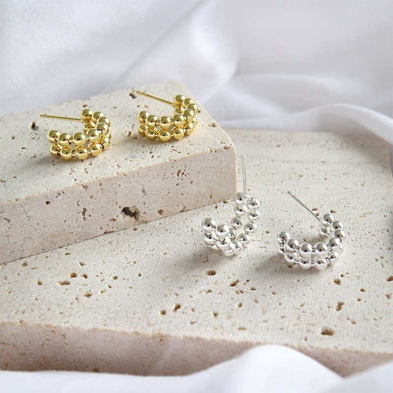Bubbles Beads C Shape 925 Sterling Silver Hoop Earrings