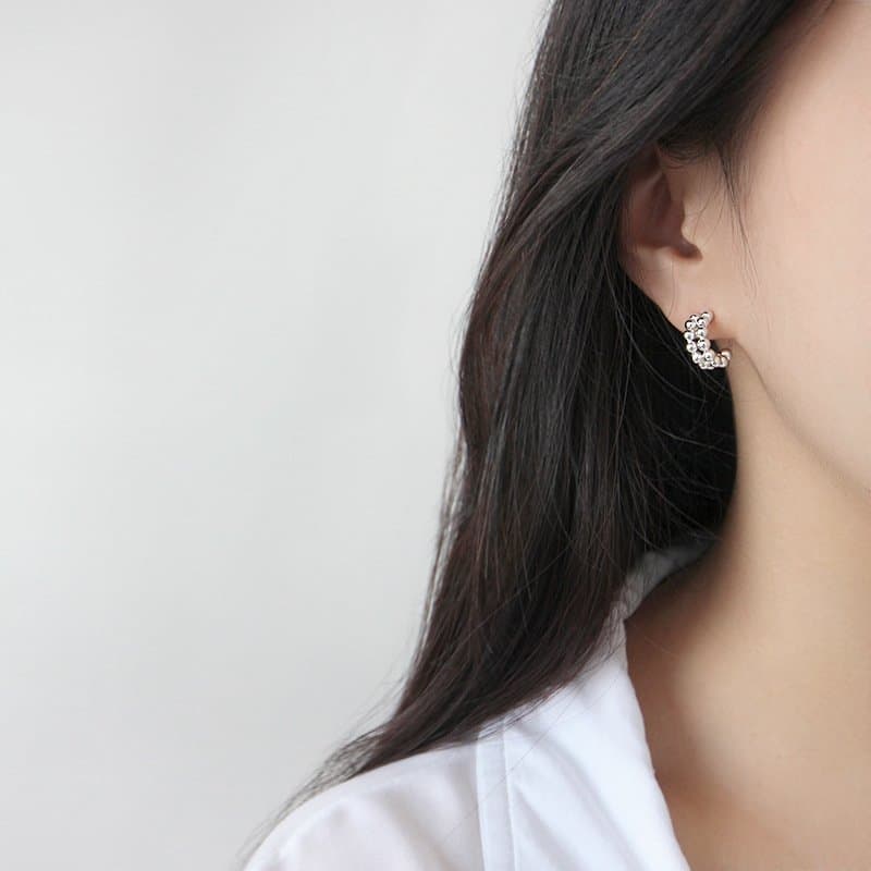 Bubbles Beads C Shape 925 Sterling Silver Hoop Earrings