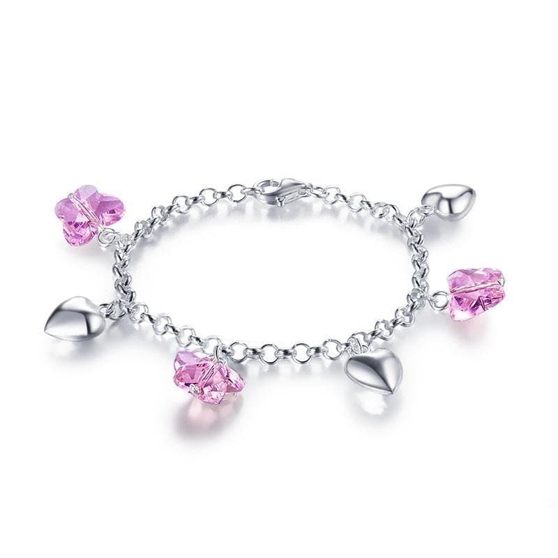 Kids Sterling Silver Pink Butterfly Hearts Bracelet