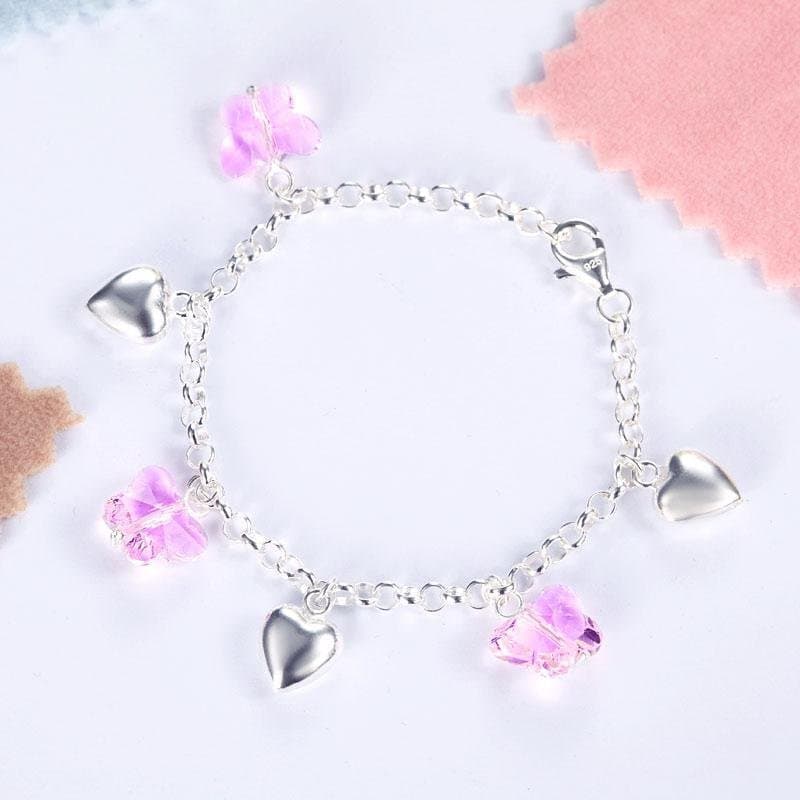 Kids Sterling Silver Pink Butterfly Hearts Bracelet