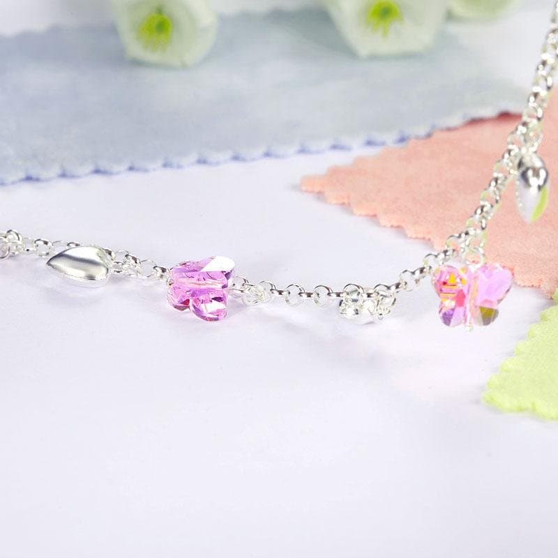 Kids Sterling Silver Pink Butterfly Hearts Bracelet