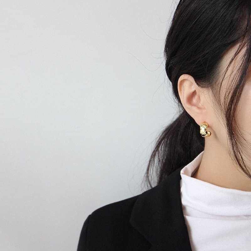 Check Pattern C Shape 925 Sterling Silver Stud Earrings