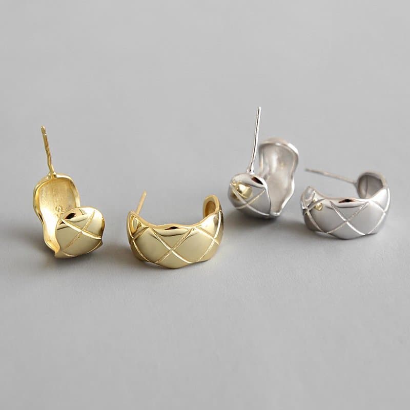 Check Pattern C Shape 925 Sterling Silver Stud Earrings