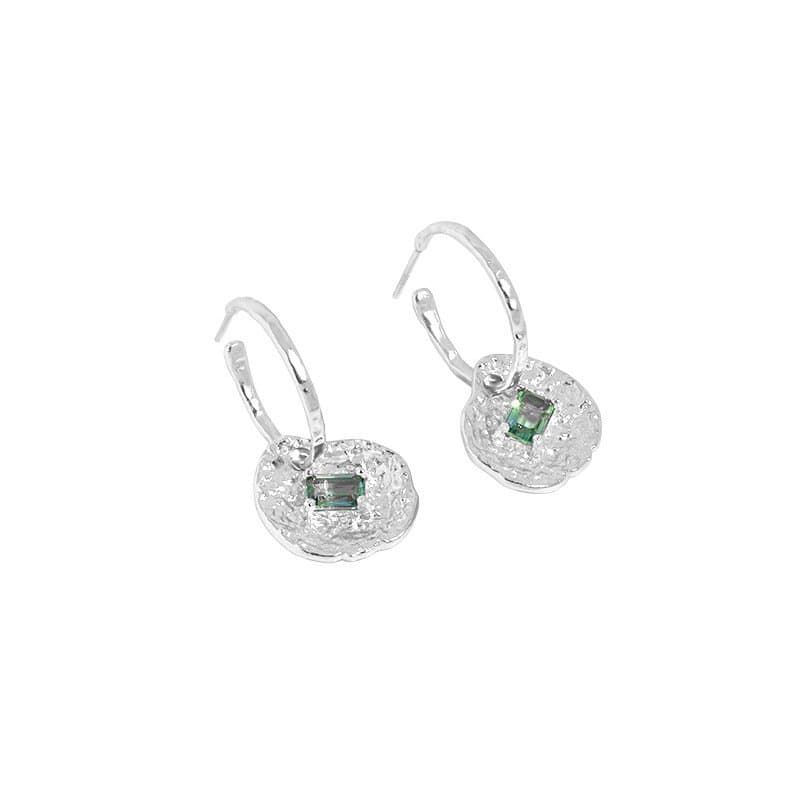 Green CZ Lotus Leaf 925 Sterling Silver Hoop Earrings