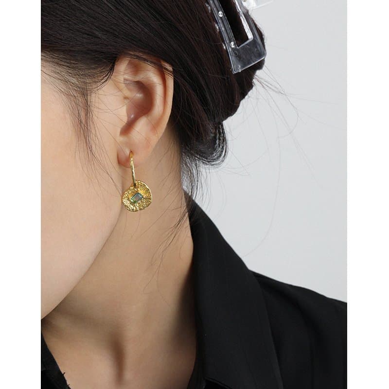 Green CZ Lotus Leaf 925 Sterling Silver Hoop Earrings