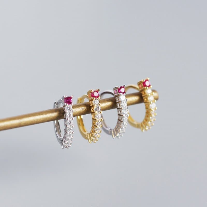 Pink CZ Lines Circle 925 Sterling Silver Hoop Earrings