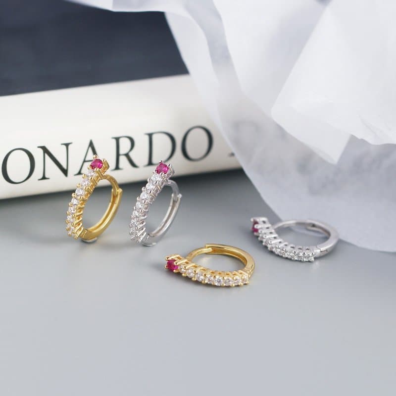 Pink CZ Lines Circle 925 Sterling Silver Hoop Earrings
