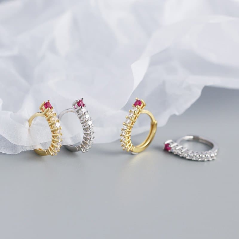 Pink CZ Lines Circle 925 Sterling Silver Hoop Earrings