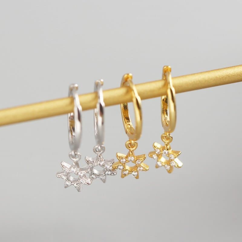 Hollow CZ Star 925 Sterling Silver Hoop Earrings