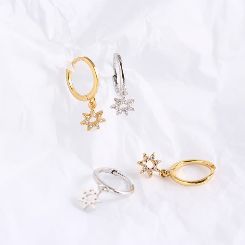 Hollow CZ Star 925 Sterling Silver Hoop Earrings