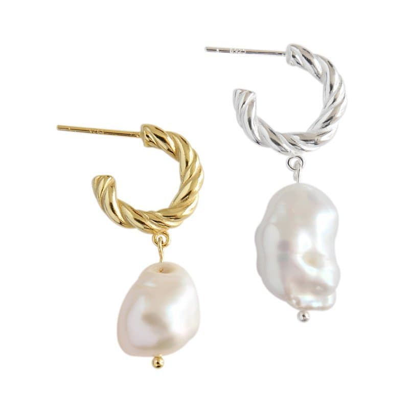 Irregular Shell Pearl Twisted Circle 925 Sterling Silver Hoop Earrings