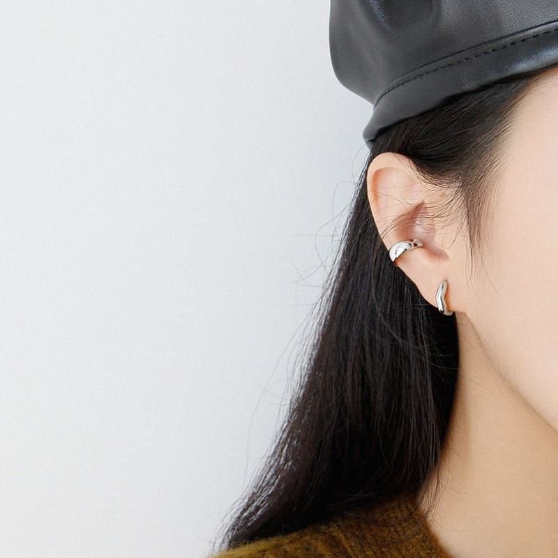 Geometric Irregular Wave 925 Sterling Silver Huggie Hoop Earrings
