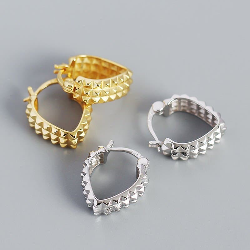 Classic Gear Rivet Heart 925 Sterling Silver Hoop Earrings