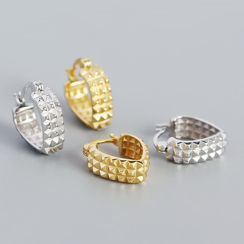 Classic Gear Rivet Heart 925 Sterling Silver Hoop Earrings