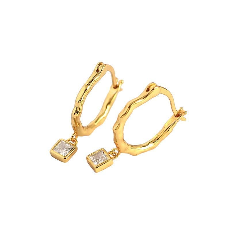 Irregular CZ Square Geometric 925 Sterling Silver Hoop Earrings