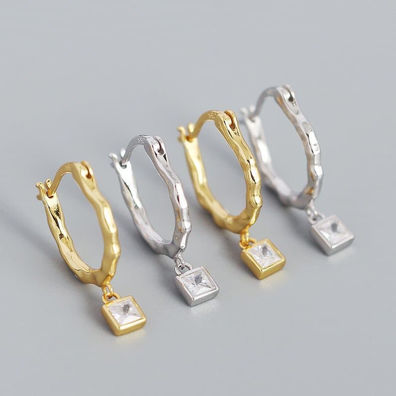 Irregular CZ Square Geometric 925 Sterling Silver Hoop Earrings
