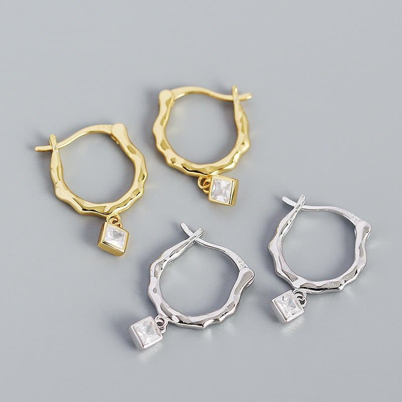 Irregular CZ Square Geometric 925 Sterling Silver Hoop Earrings