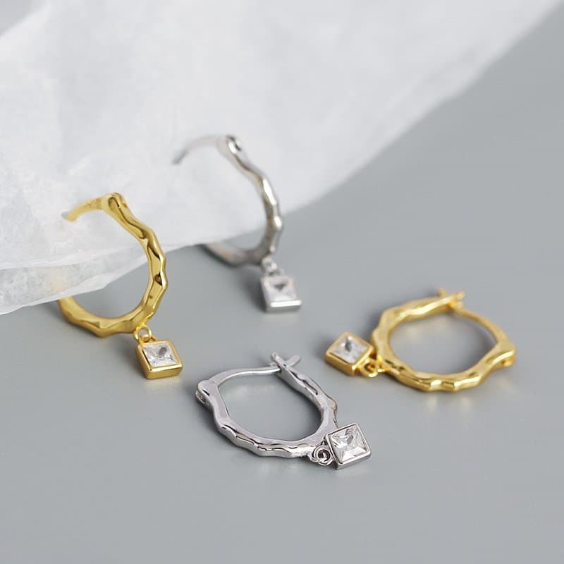 Irregular CZ Square Geometric 925 Sterling Silver Hoop Earrings
