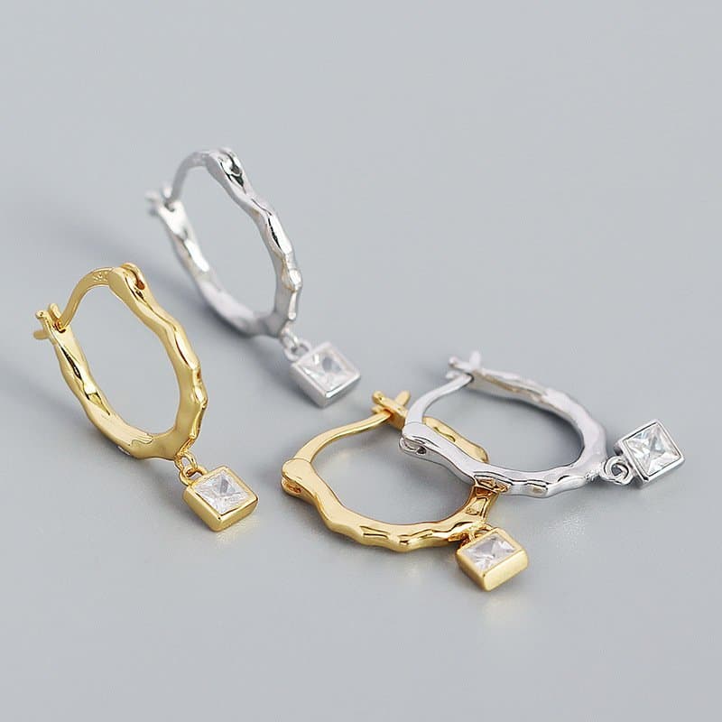 Irregular CZ Square Geometric 925 Sterling Silver Hoop Earrings