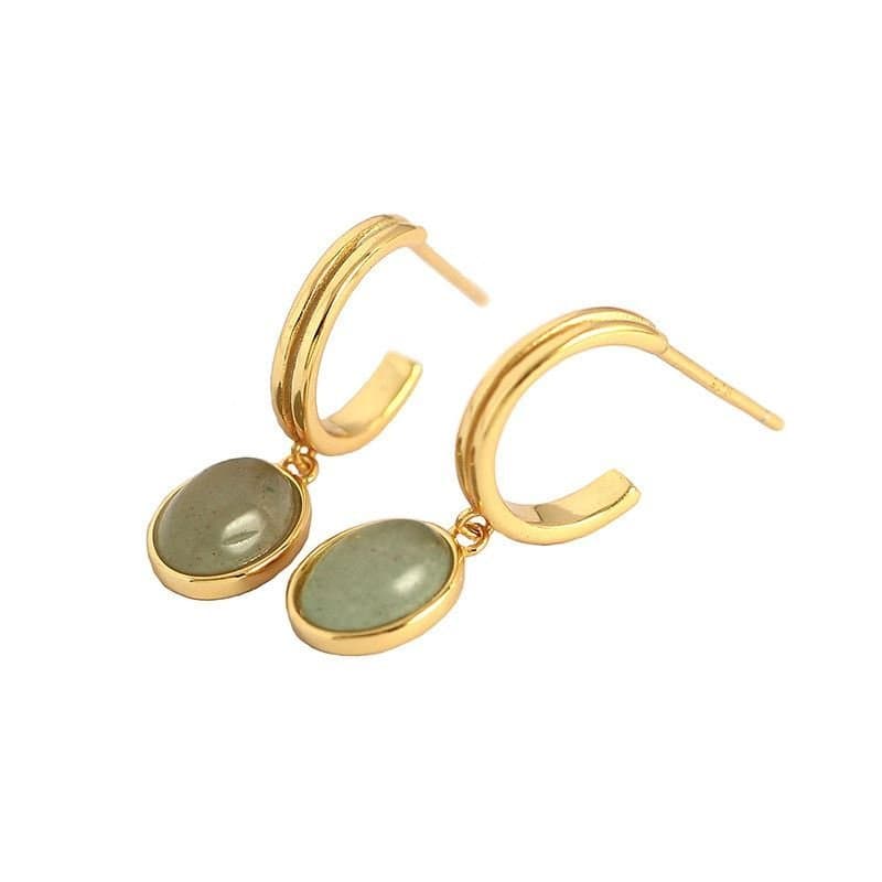 Green Oval Natural Aventurine 925 Sterling Silver Hoop Earrings