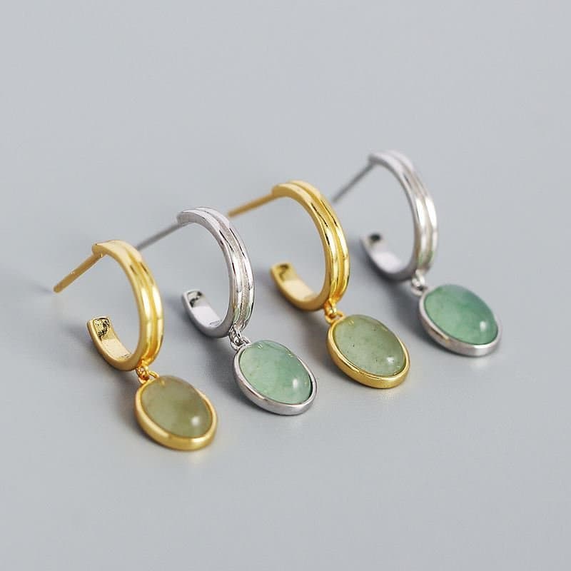 Green Oval Natural Aventurine 925 Sterling Silver Hoop Earrings