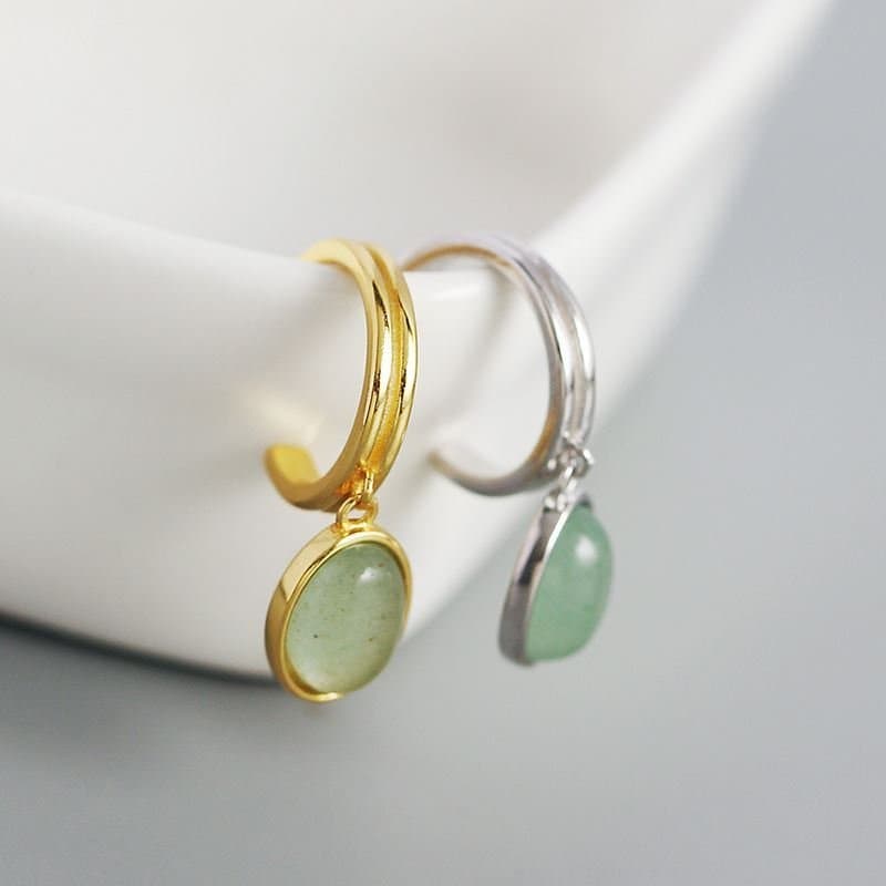 Green Oval Natural Aventurine 925 Sterling Silver Hoop Earrings