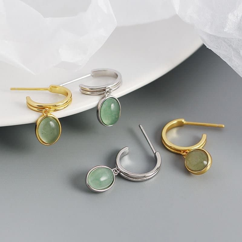 Green Oval Natural Aventurine 925 Sterling Silver Hoop Earrings
