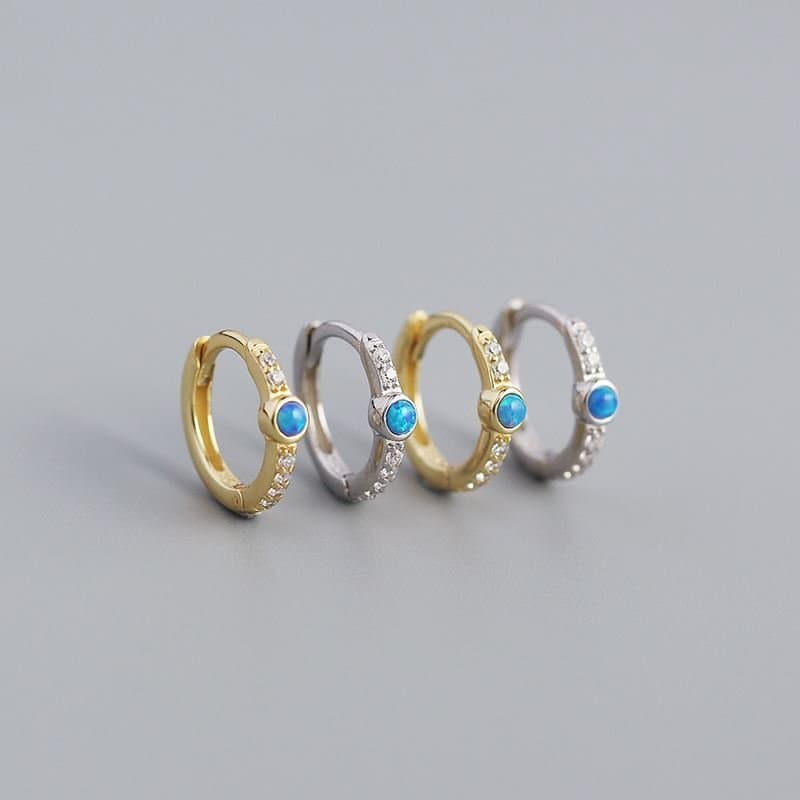 Blue Created Opal CZ 925 Sterling Silver Huggie Hoop Earrings
