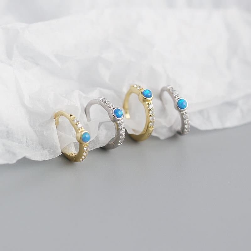 Blue Created Opal CZ 925 Sterling Silver Huggie Hoop Earrings