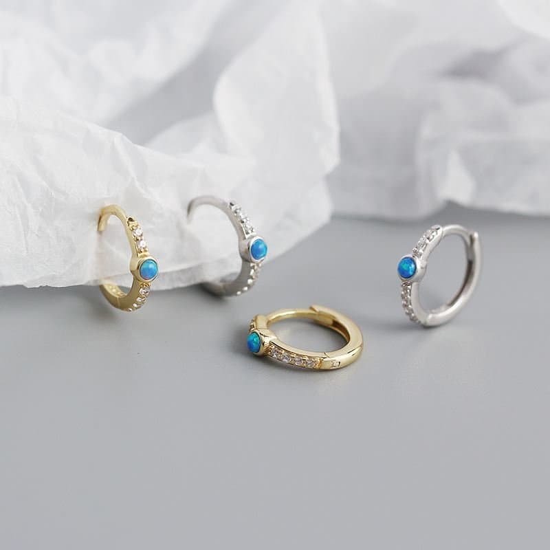Blue Created Opal CZ 925 Sterling Silver Huggie Hoop Earrings
