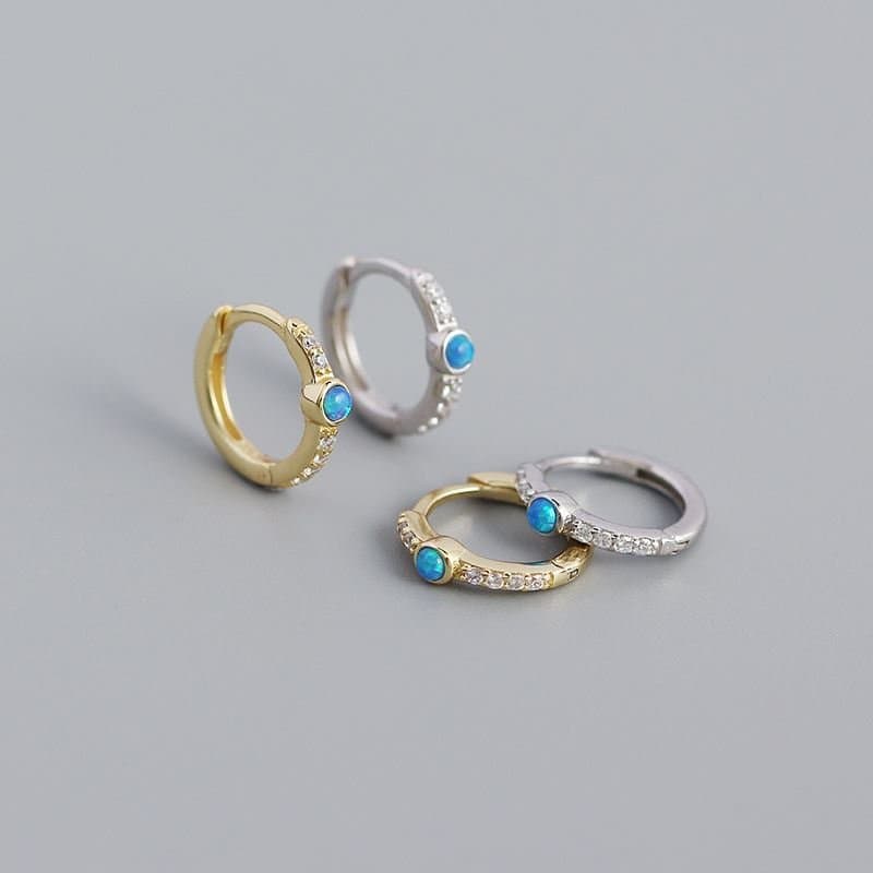 Blue Created Opal CZ 925 Sterling Silver Huggie Hoop Earrings