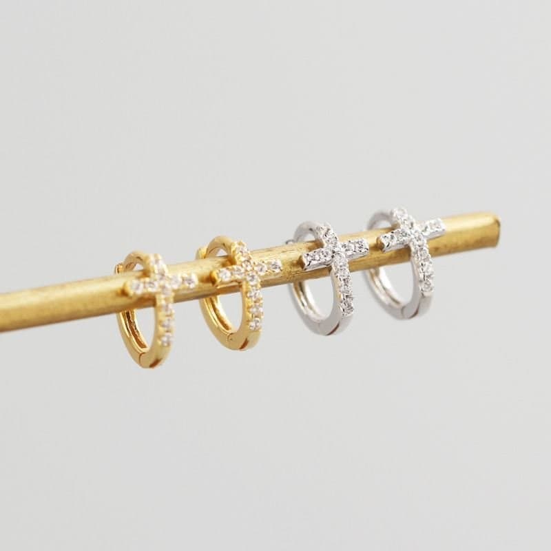 CZ Cross 925 Sterling Silver Huggie Hoop Earrings