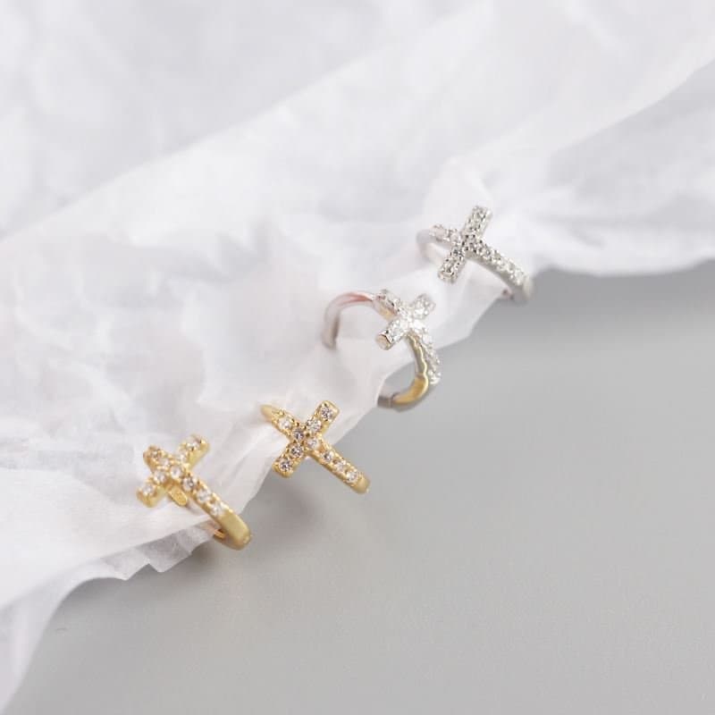 CZ Cross 925 Sterling Silver Huggie Hoop Earrings