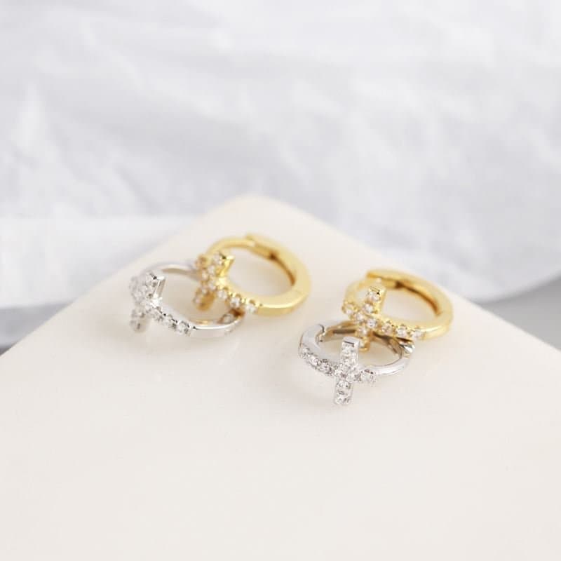 CZ Cross 925 Sterling Silver Huggie Hoop Earrings