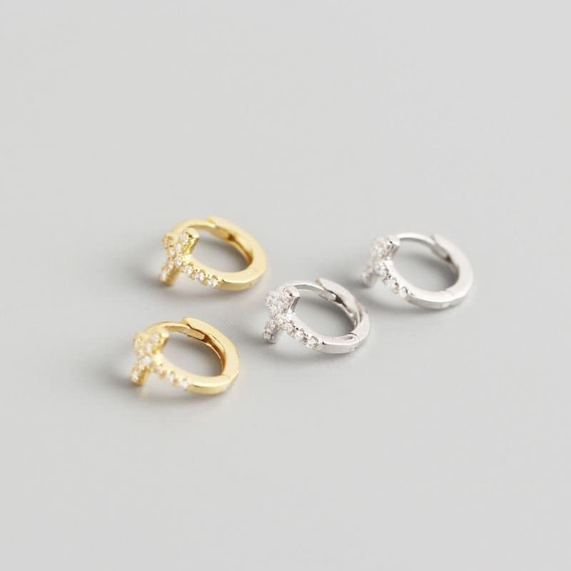 CZ Cross 925 Sterling Silver Huggie Hoop Earrings