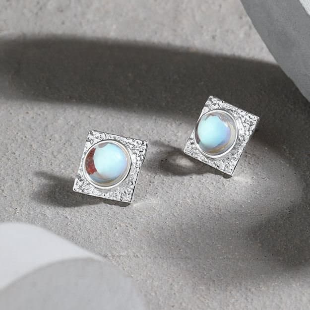 Geometric Square Round Created Moonstone 925 Sterling Silver Stud Earrings