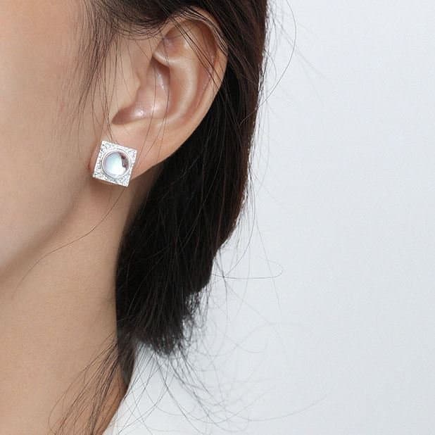 Geometric Square Round Created Moonstone 925 Sterling Silver Stud Earrings