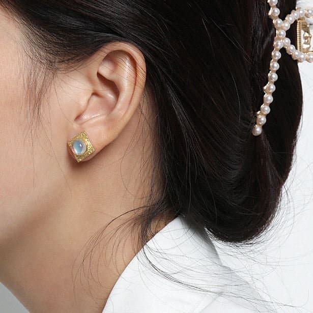 Geometric Square Round Created Moonstone 925 Sterling Silver Stud Earrings