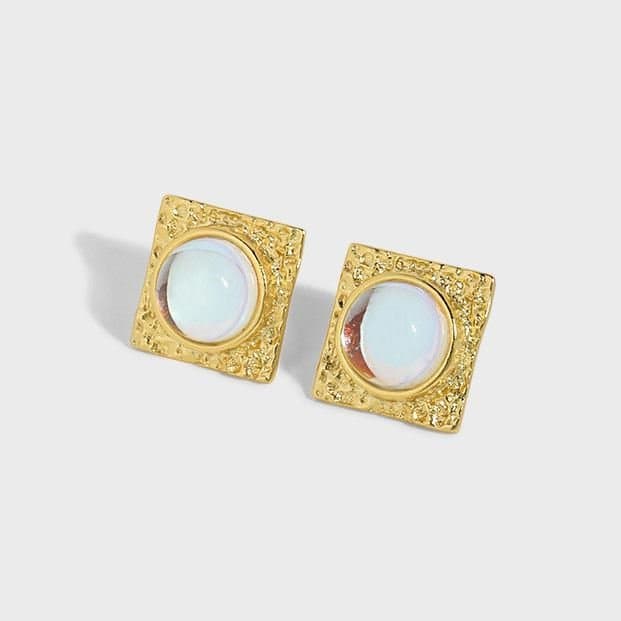Geometric Square Round Created Moonstone 925 Sterling Silver Stud Earrings